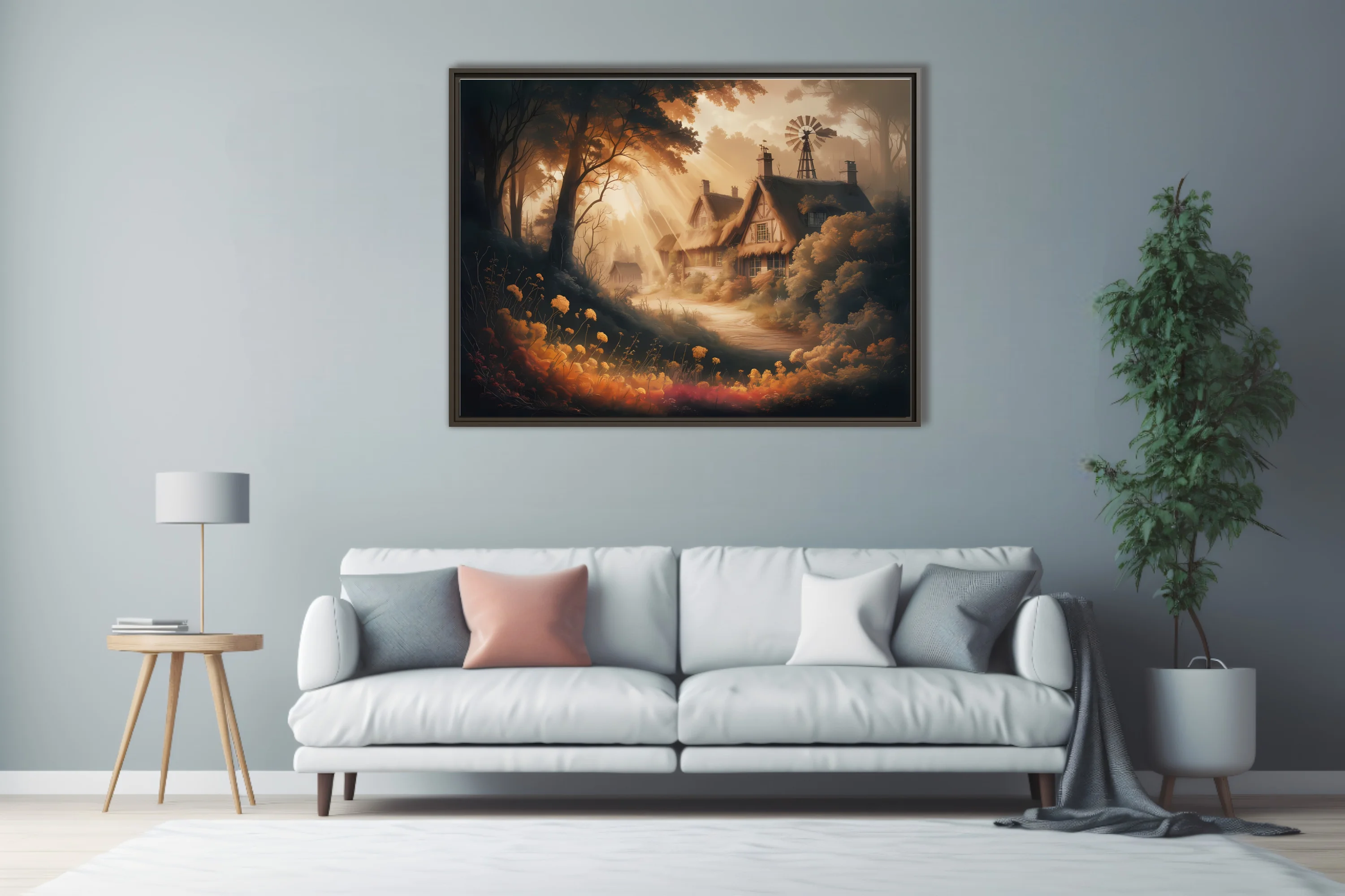 Warm fantasy cottage illustration with thatched roof, wildflowers, and golden forest light rays