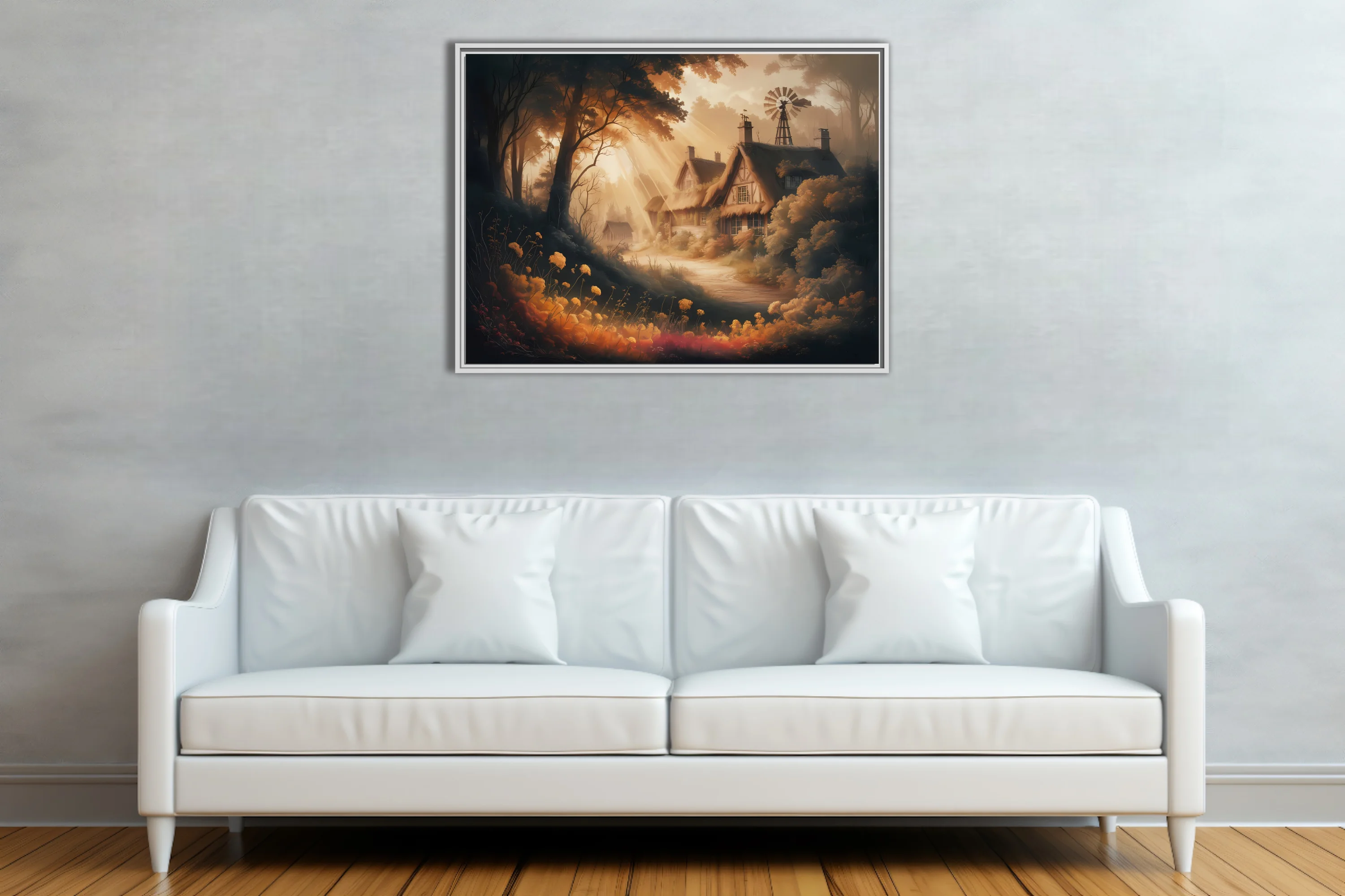 Warm fantasy cottage illustration with thatched roof, wildflowers, and golden forest light rays