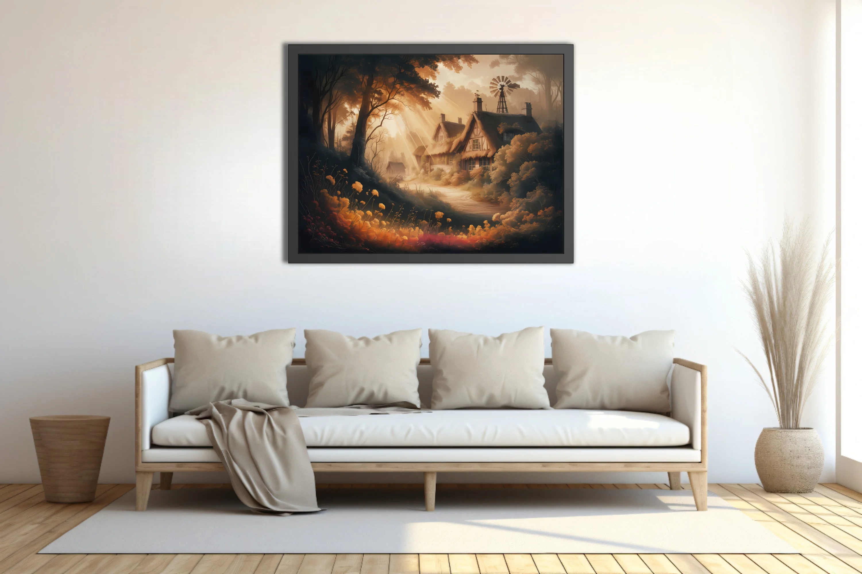 Warm fantasy cottage illustration with thatched roof, wildflowers, and golden forest light rays