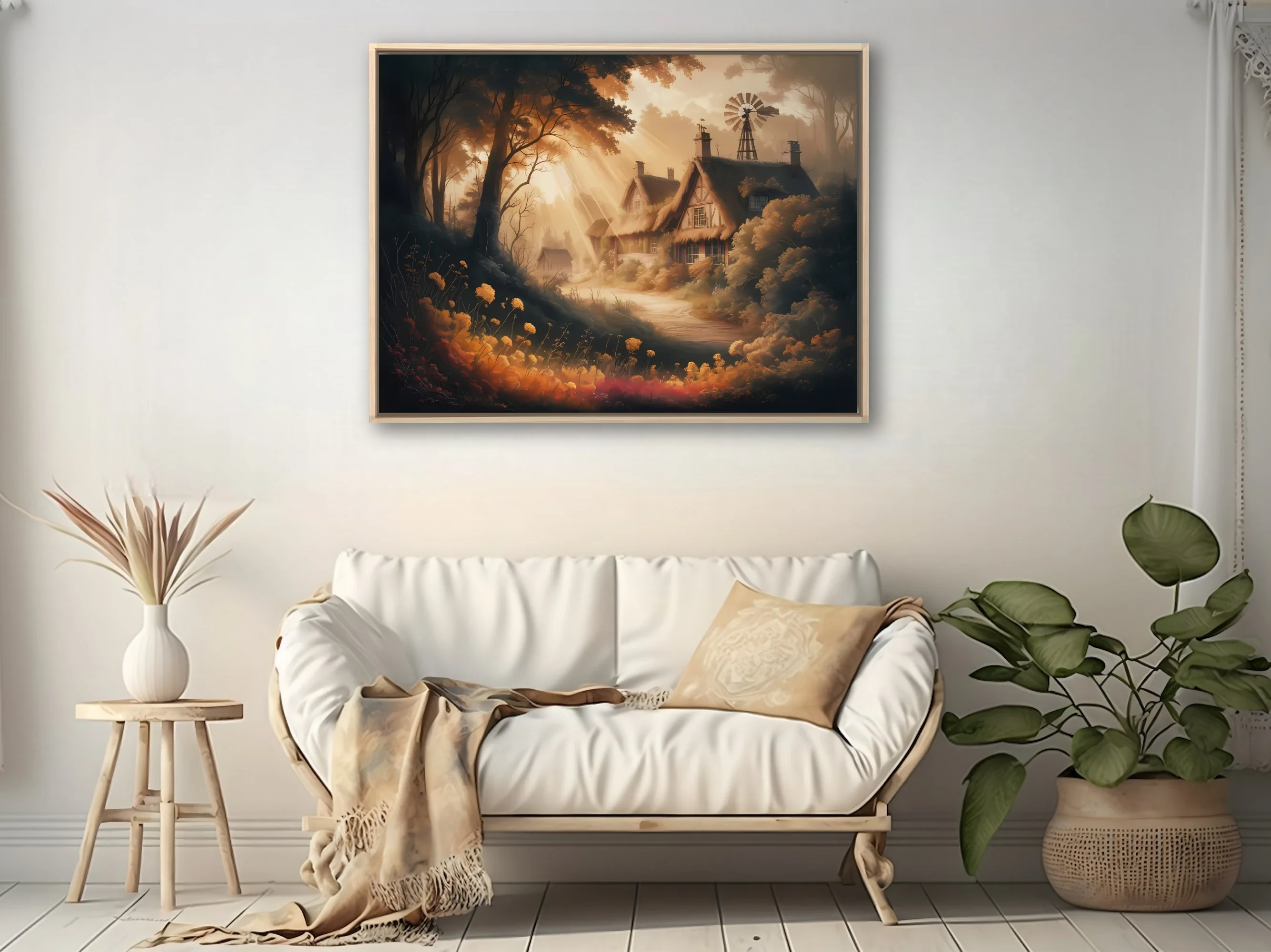 Warm fantasy cottage illustration with thatched roof, wildflowers, and golden forest light rays