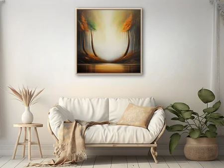 Abstract autumn forest with arching tree forms and glowing misty light, warm amber tones