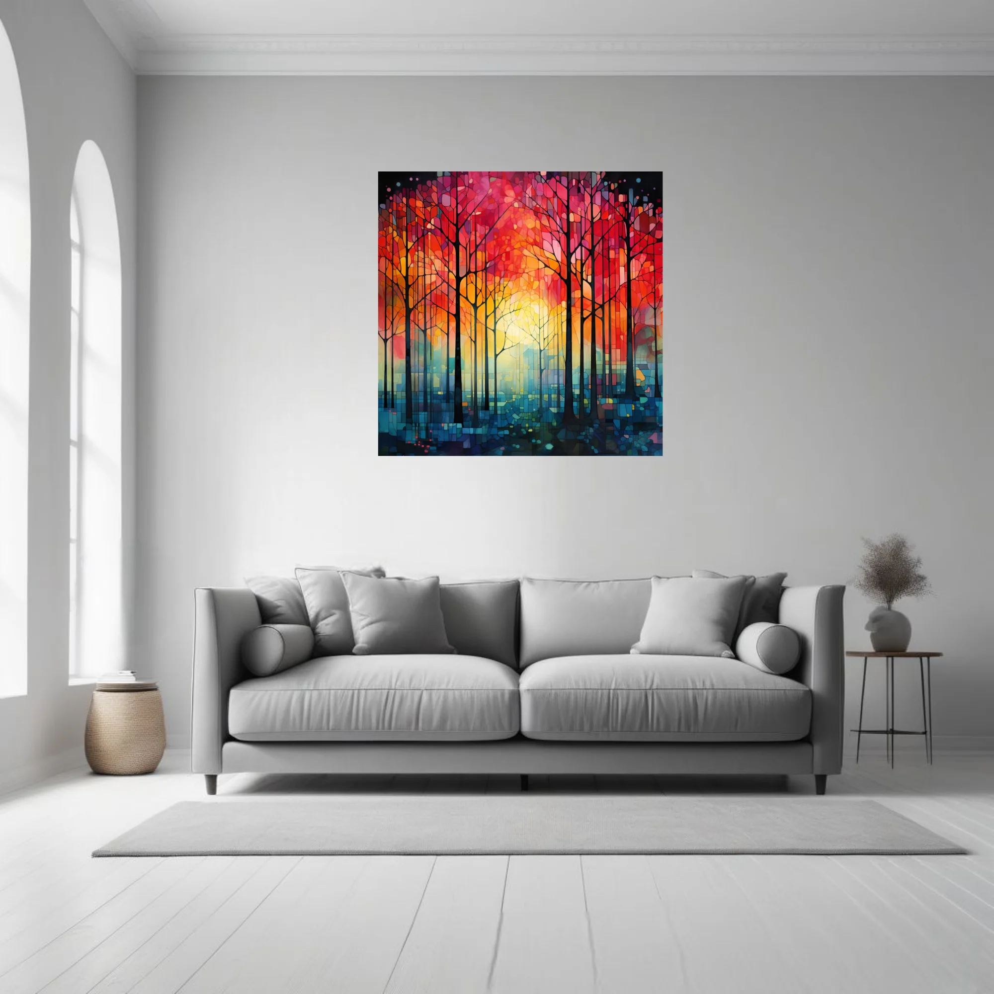 Stained glass-style abstract forest with fiery red-orange canopy and teal undergrowth