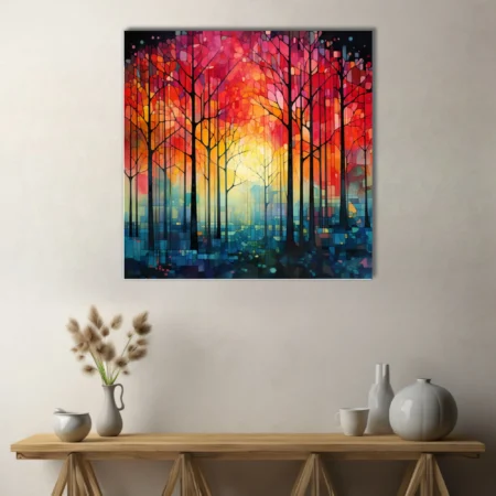 Stained glass-style abstract forest with fiery red-orange canopy and teal undergrowth
