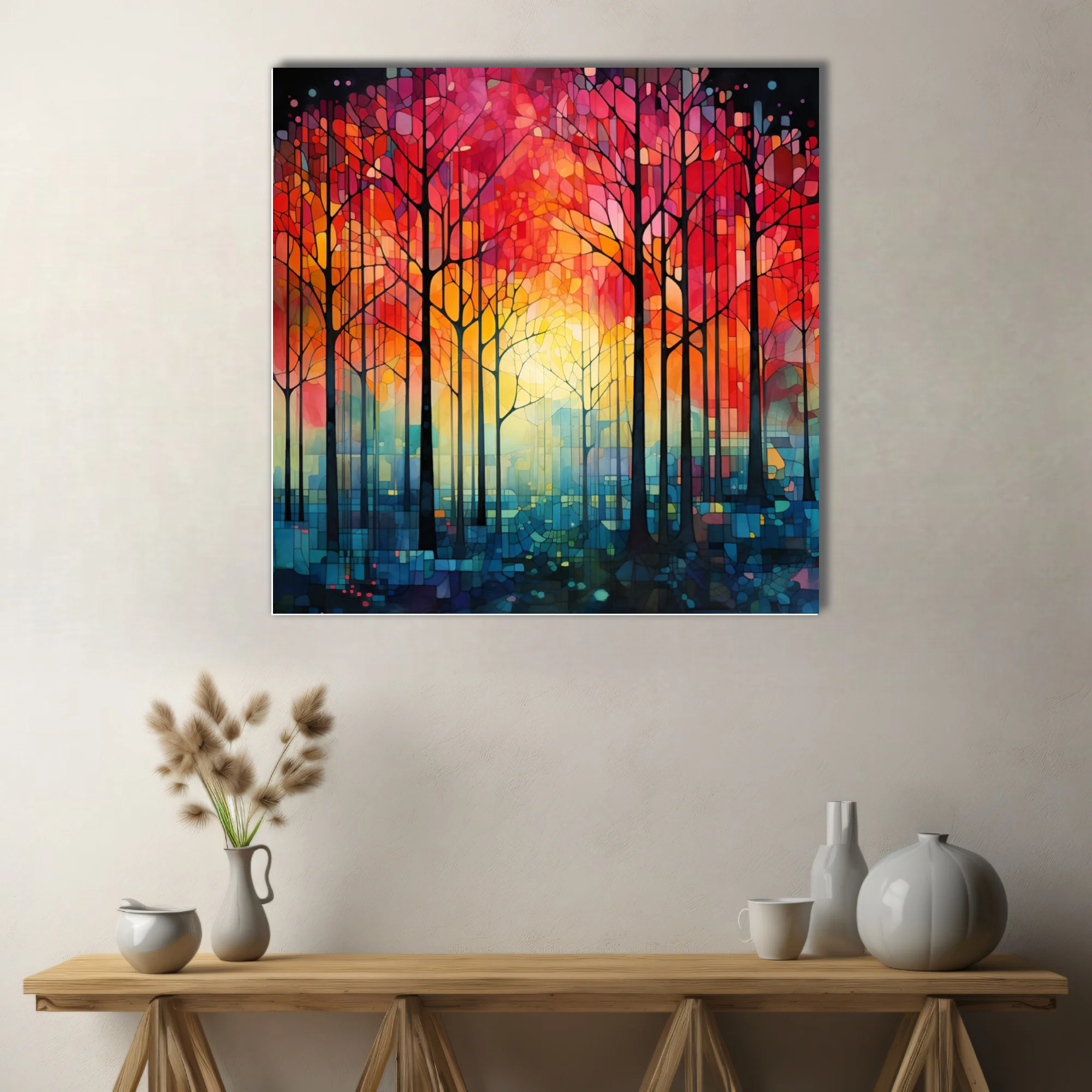Stained glass-style abstract forest with fiery red-orange canopy and teal undergrowth