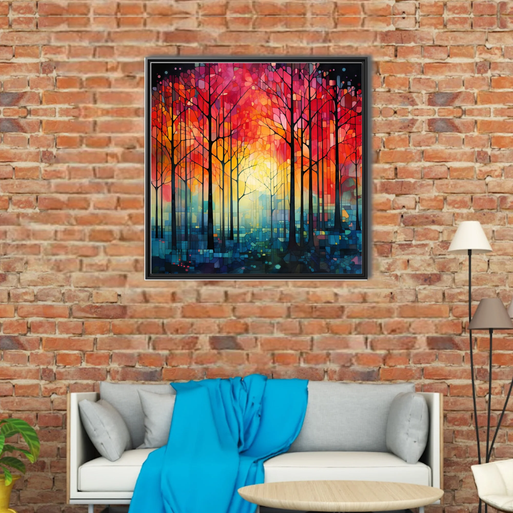 Stained glass-style abstract forest with fiery red-orange canopy and teal undergrowth