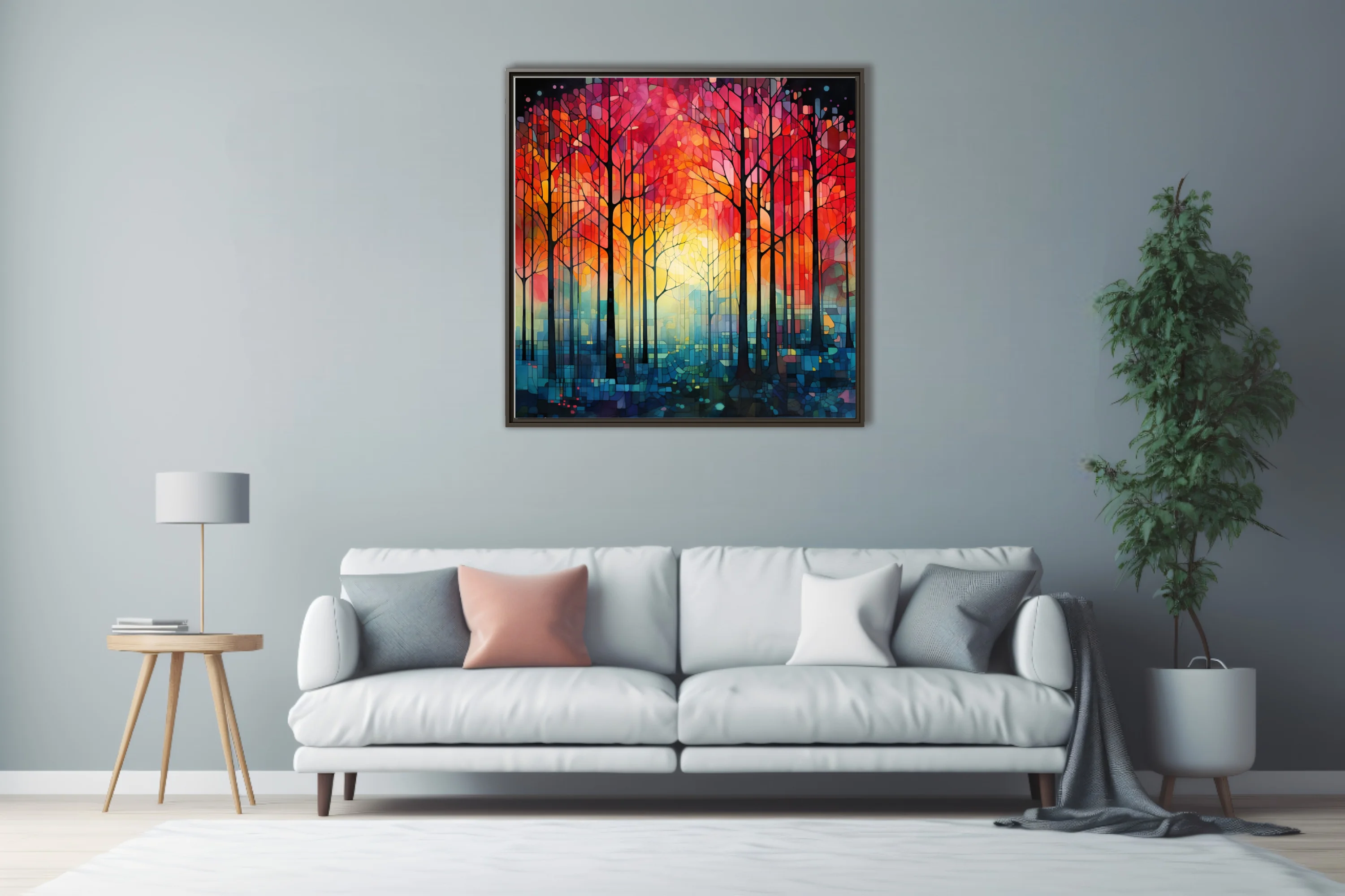 Stained glass-style abstract forest with fiery red-orange canopy and teal undergrowth