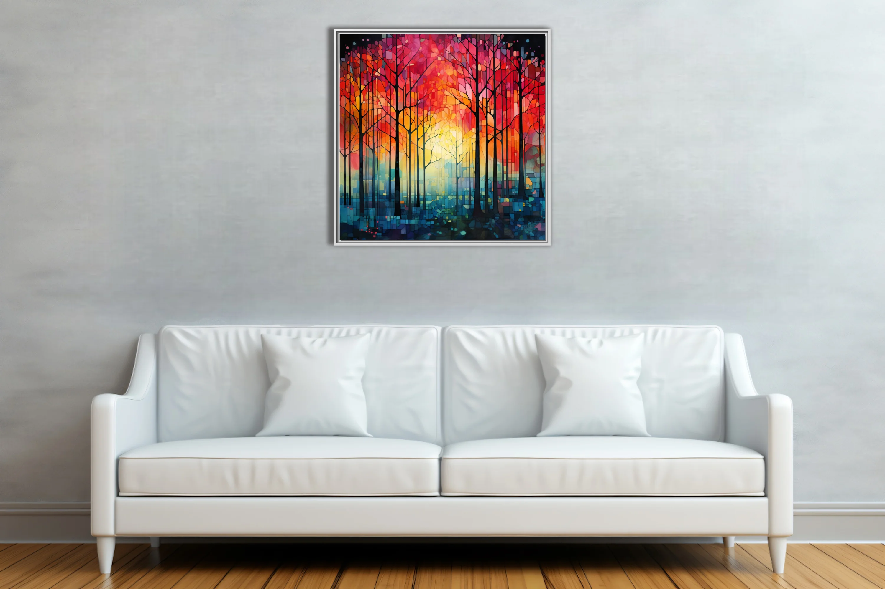 Stained glass-style abstract forest with fiery red-orange canopy and teal undergrowth