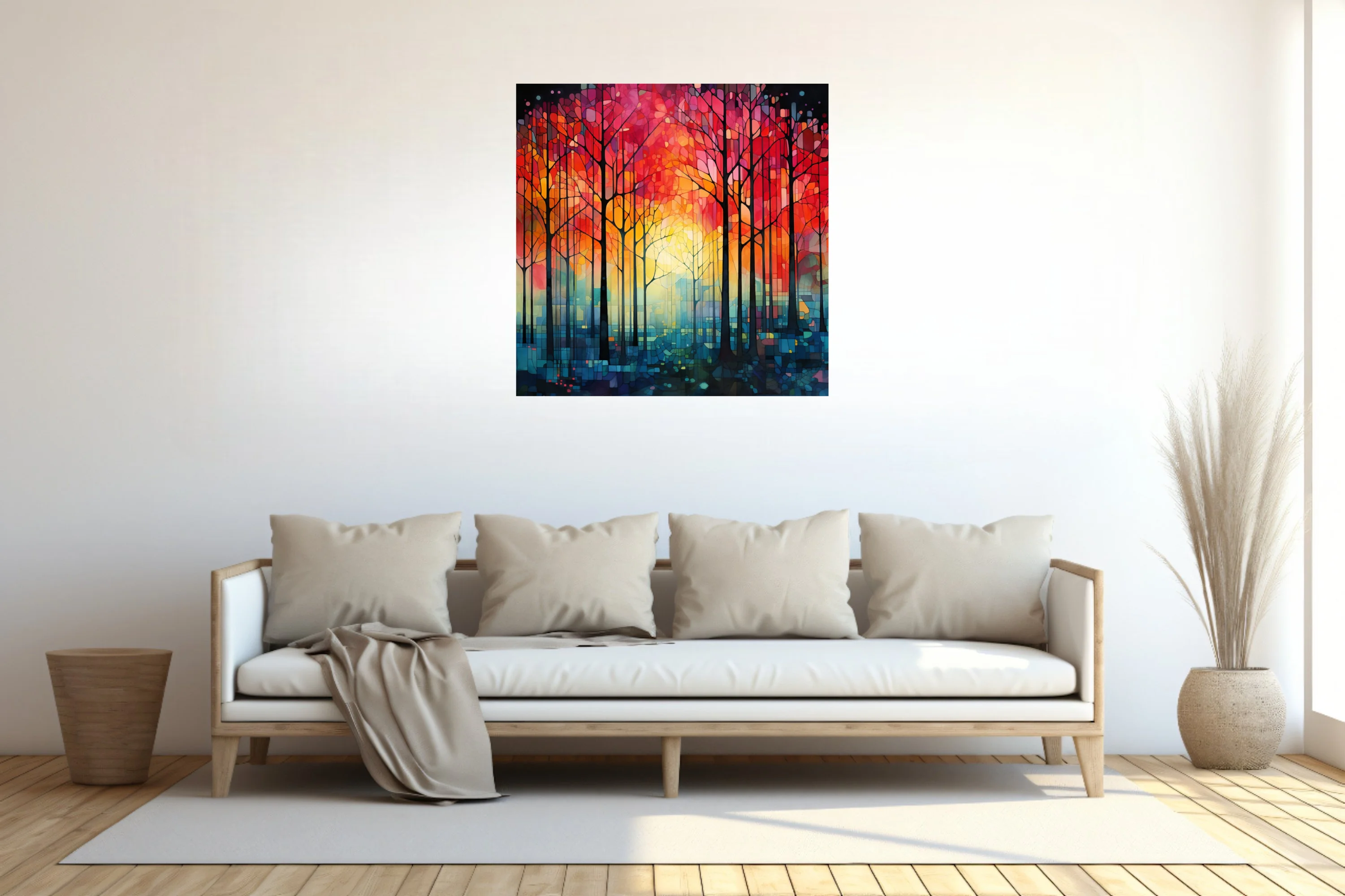 Stained glass-style abstract forest with fiery red-orange canopy and teal undergrowth