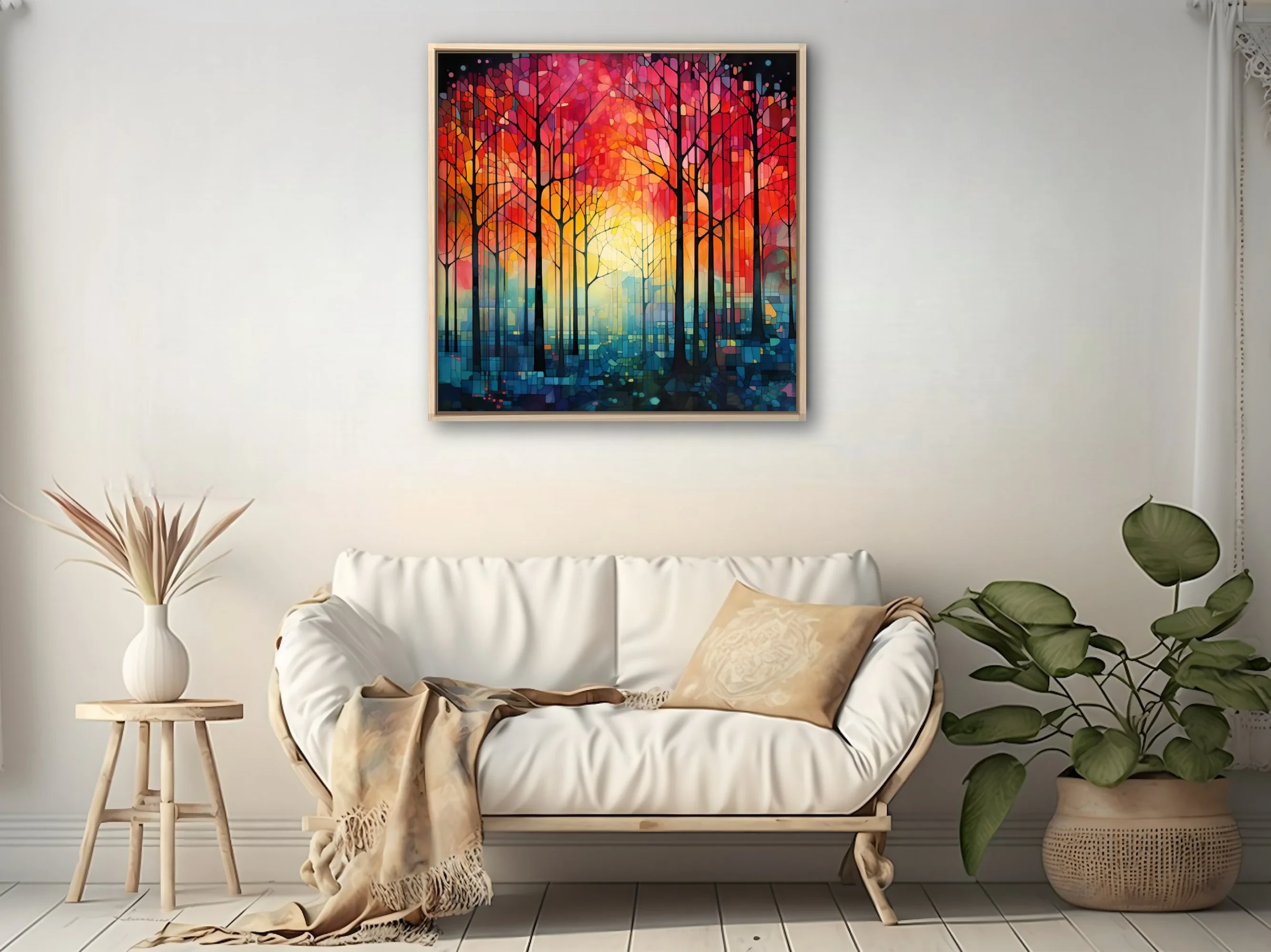 Stained glass-style abstract forest with fiery red-orange canopy and teal undergrowth