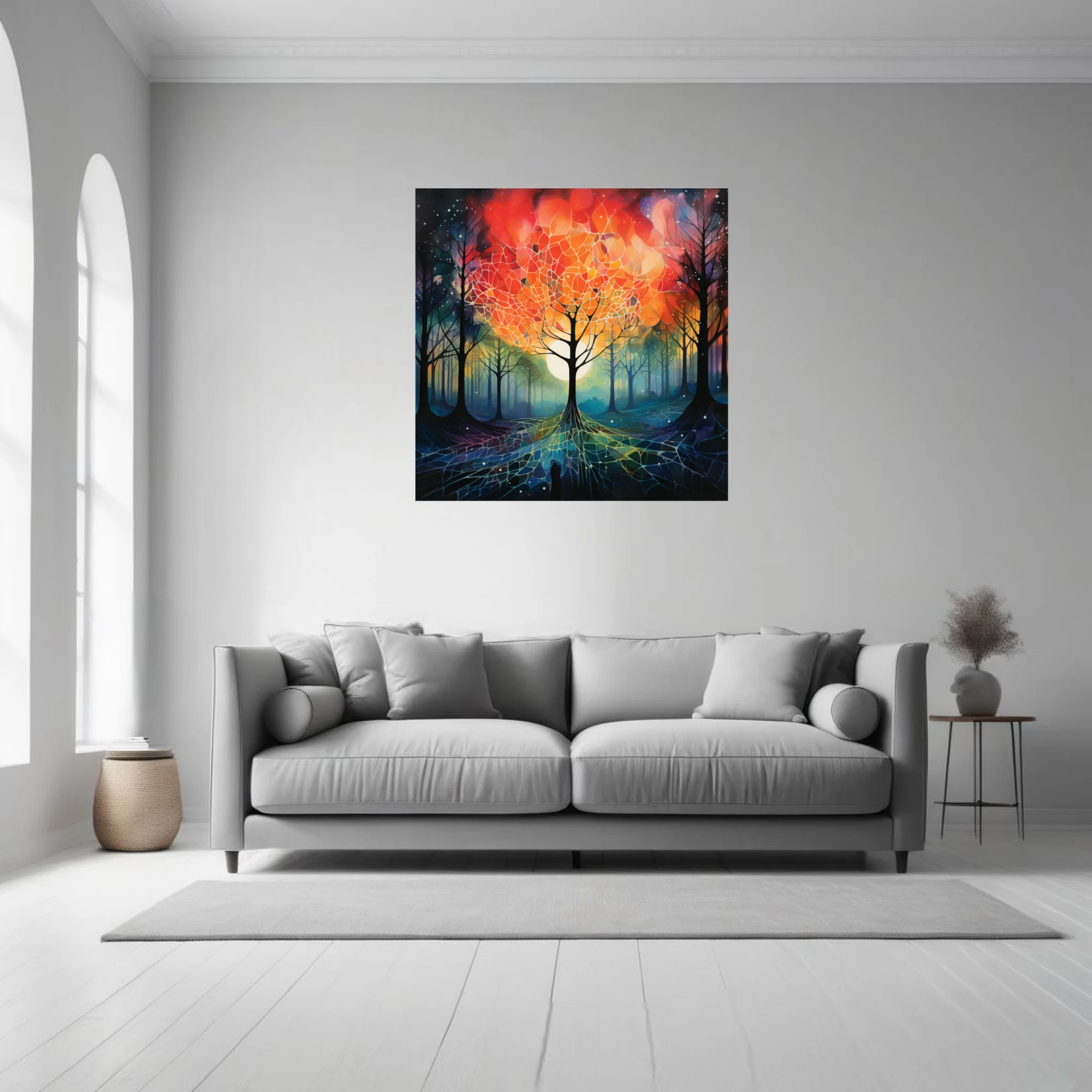 Surreal forest with glowing orb, fiery reds and cool teals, stained-glass-style branches and roots