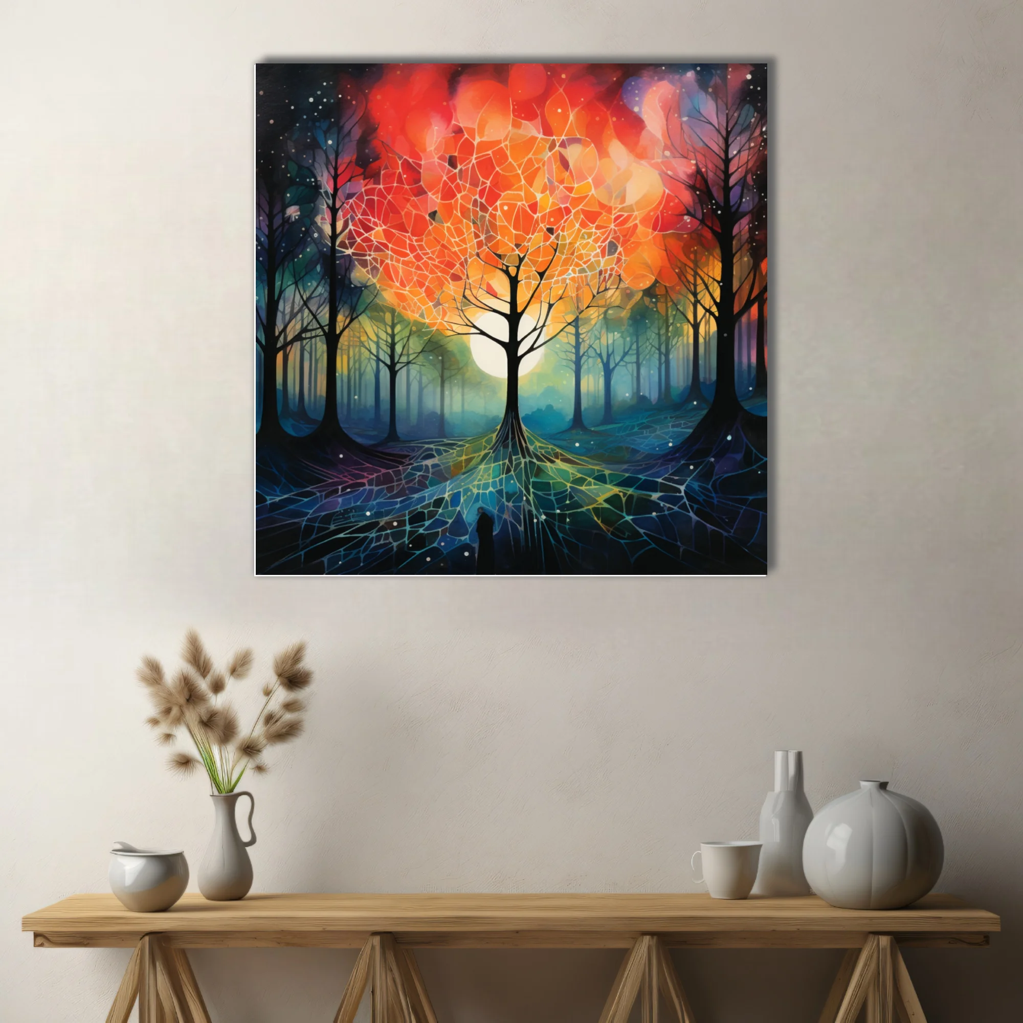 Surreal forest with glowing orb, fiery reds and cool teals, stained-glass-style branches and roots