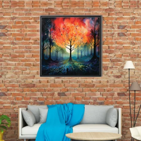 Surreal forest with glowing orb, fiery reds and cool teals, stained-glass-style branches and roots
