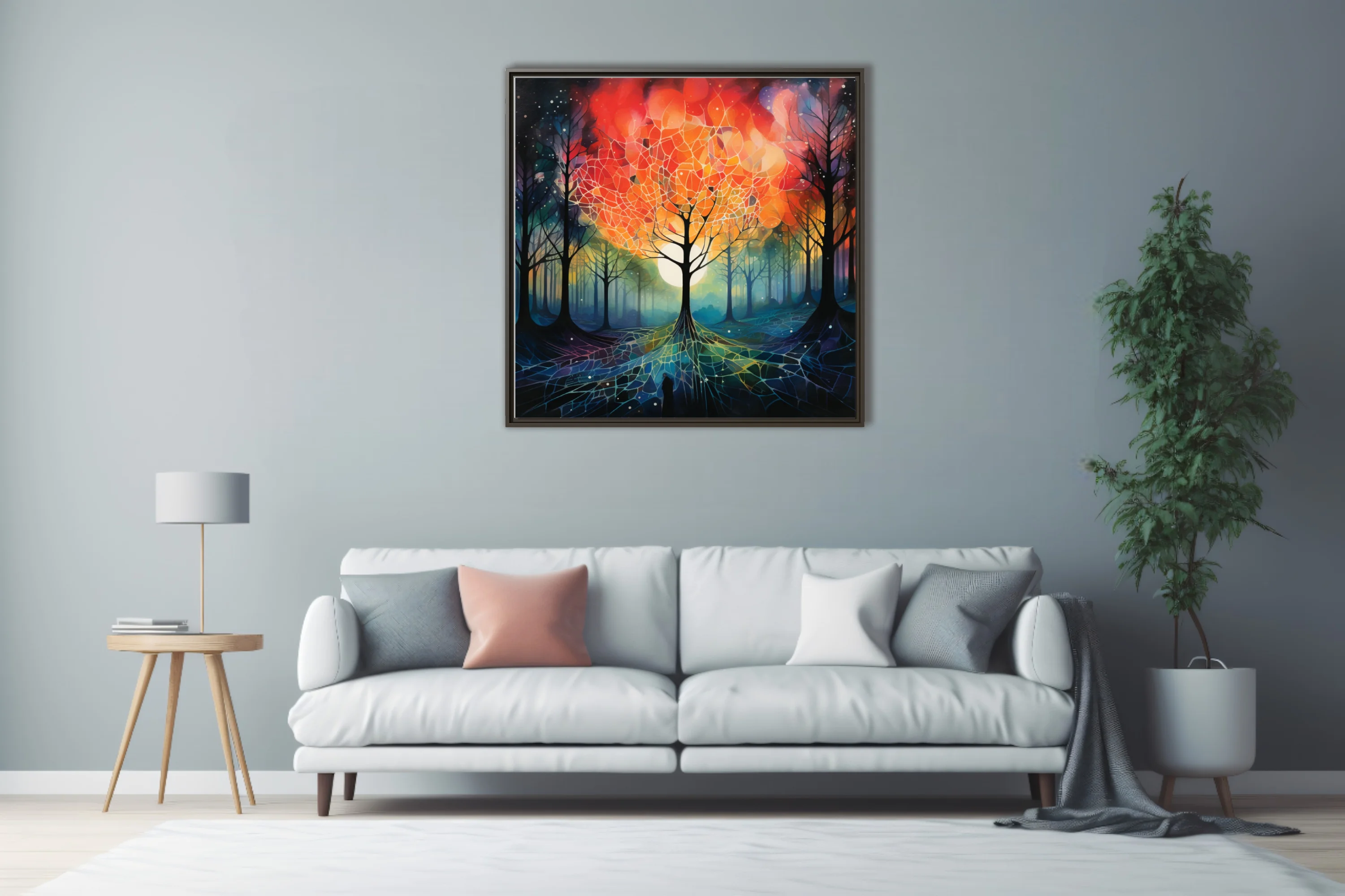 Surreal forest with glowing orb, fiery reds and cool teals, stained-glass-style branches and roots