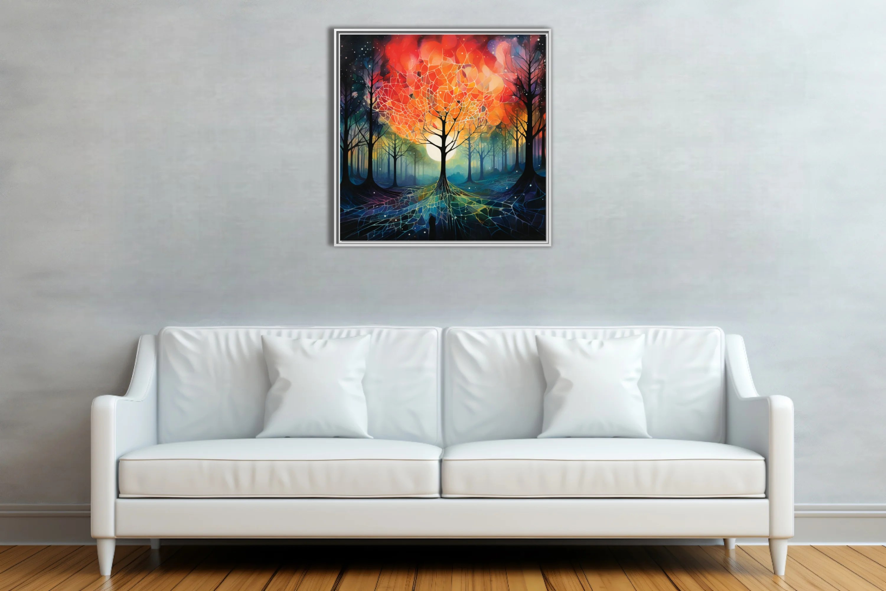 Surreal forest with glowing orb, fiery reds and cool teals, stained-glass-style branches and roots