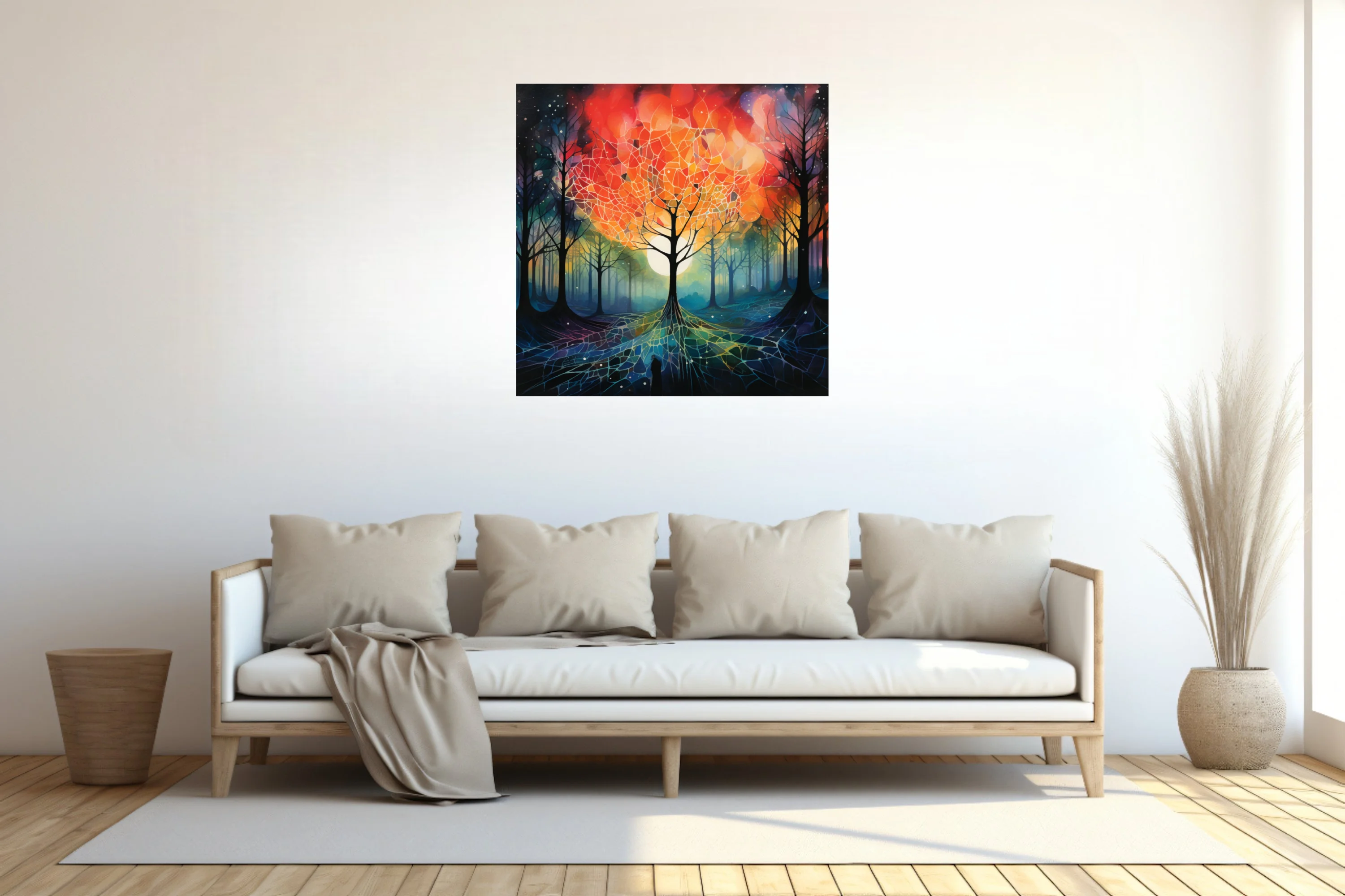 Surreal forest with glowing orb, fiery reds and cool teals, stained-glass-style branches and roots