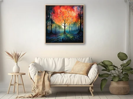 Surreal forest with glowing orb, fiery reds and cool teals, stained-glass-style branches and roots