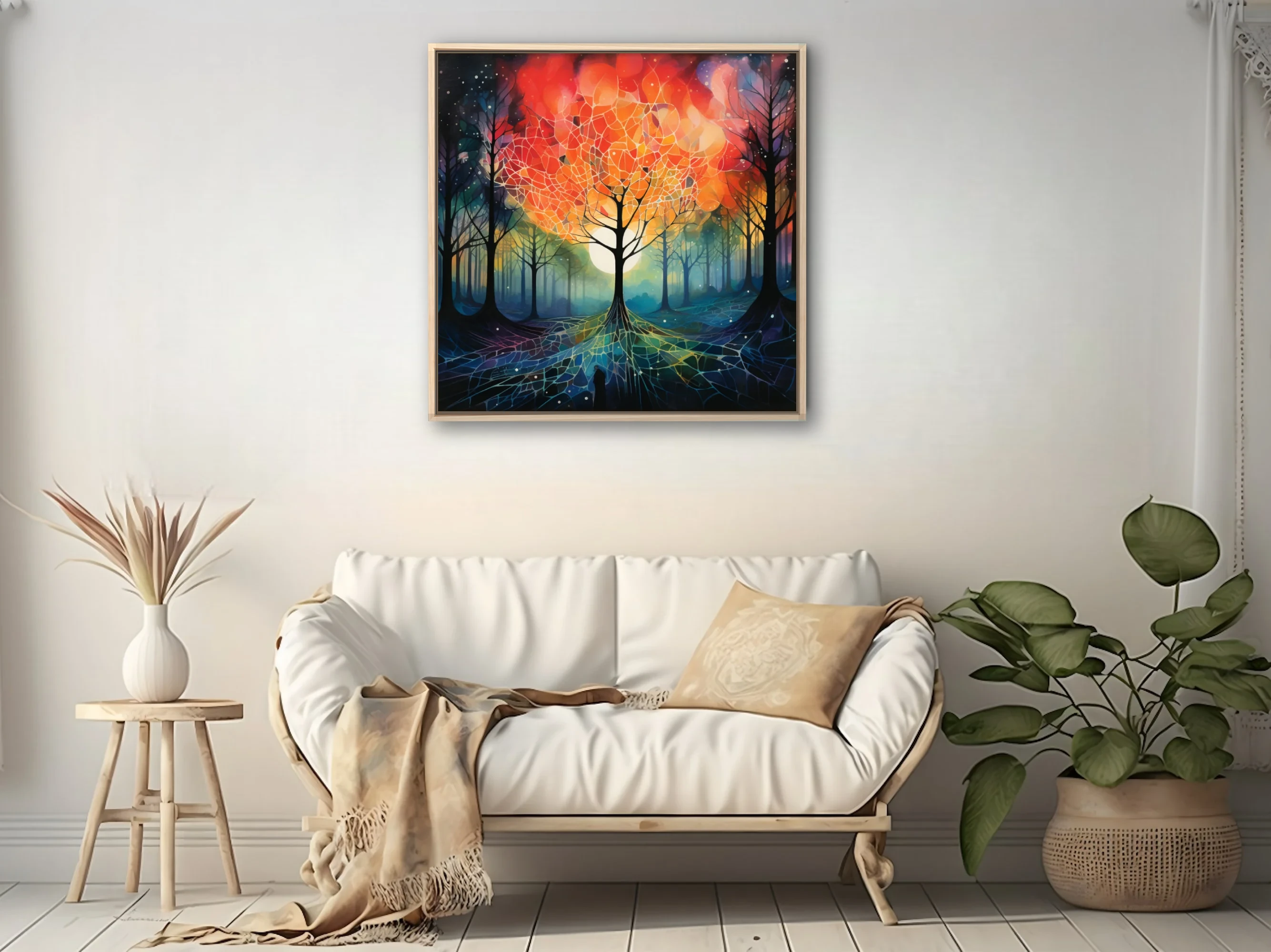 Surreal forest with glowing orb, fiery reds and cool teals, stained-glass-style branches and roots