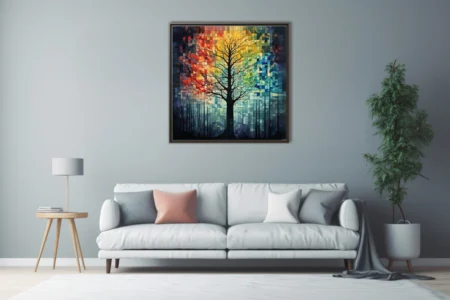 Mosaic-style abstract tree silhouette with warm amber, red, and teal geometric tiles