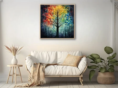 Mosaic-style abstract tree silhouette with warm amber, red, and teal geometric tiles