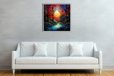 Stained glass-style glowing forest scene with jewel-toned canopy and luminous sunset