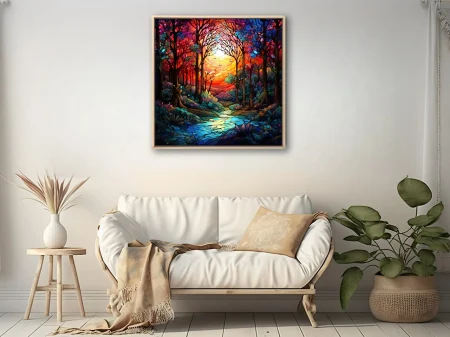 Stained glass-style glowing forest scene with jewel-toned canopy and luminous sunset