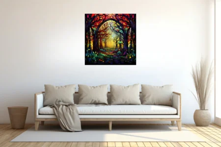 Stained-glass fantasy forest with jewel-tone canopy and golden glowing light