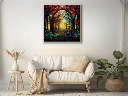 Stained-glass fantasy forest with jewel-tone canopy and golden glowing light