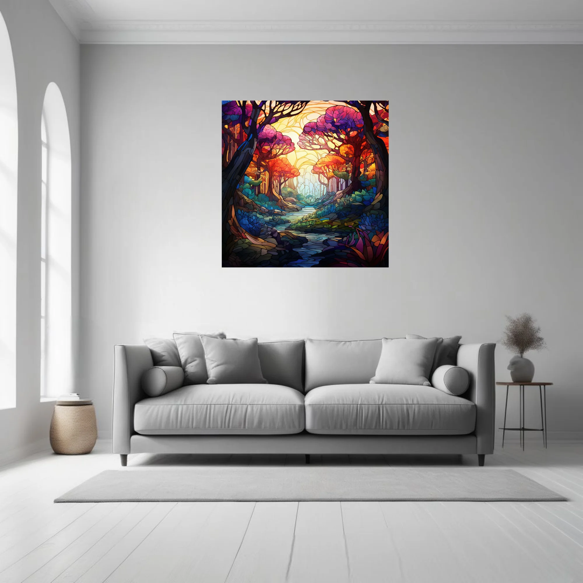 Stained glass fantasy forest with jewel-toned trees and glowing stream