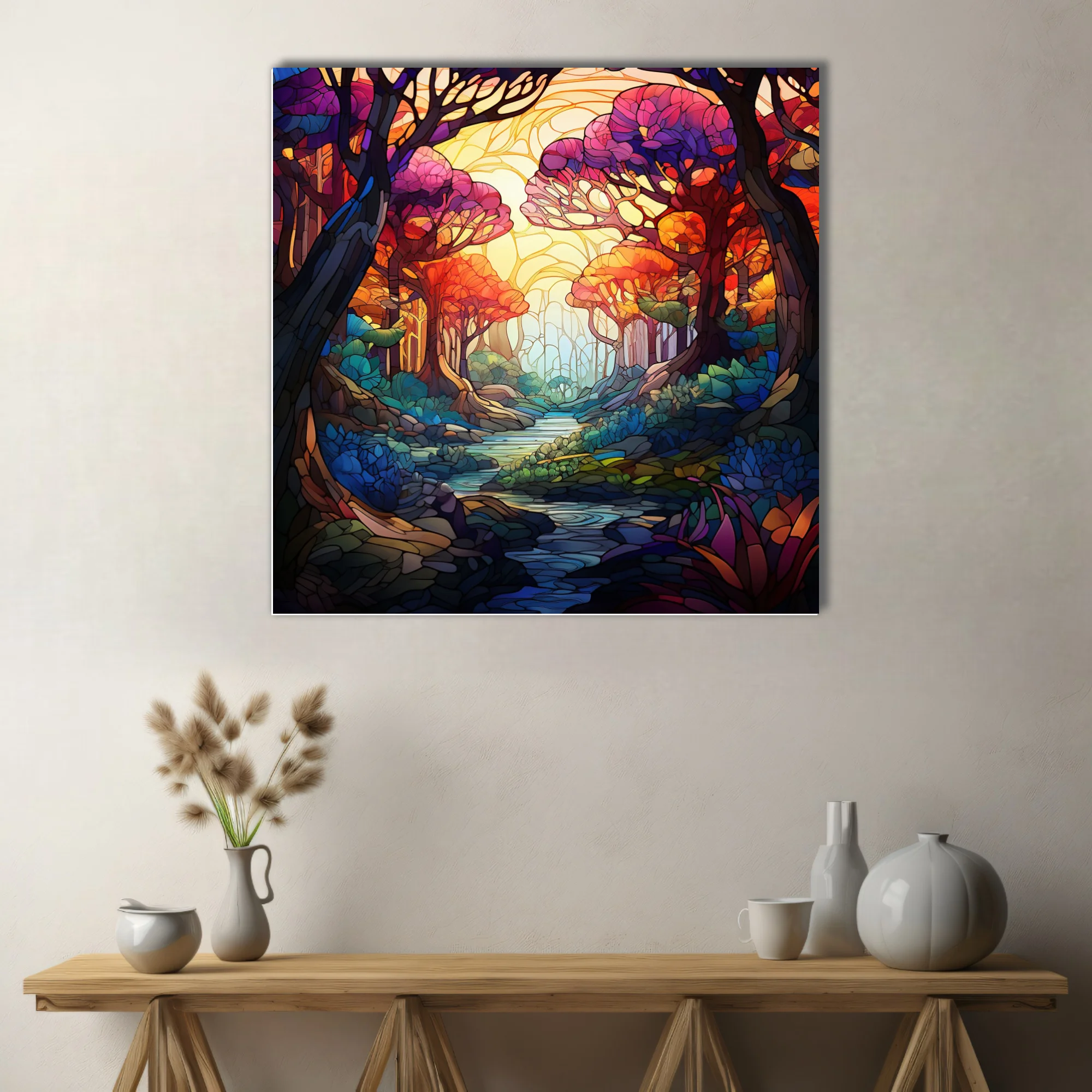 Stained glass fantasy forest with jewel-toned trees and glowing stream