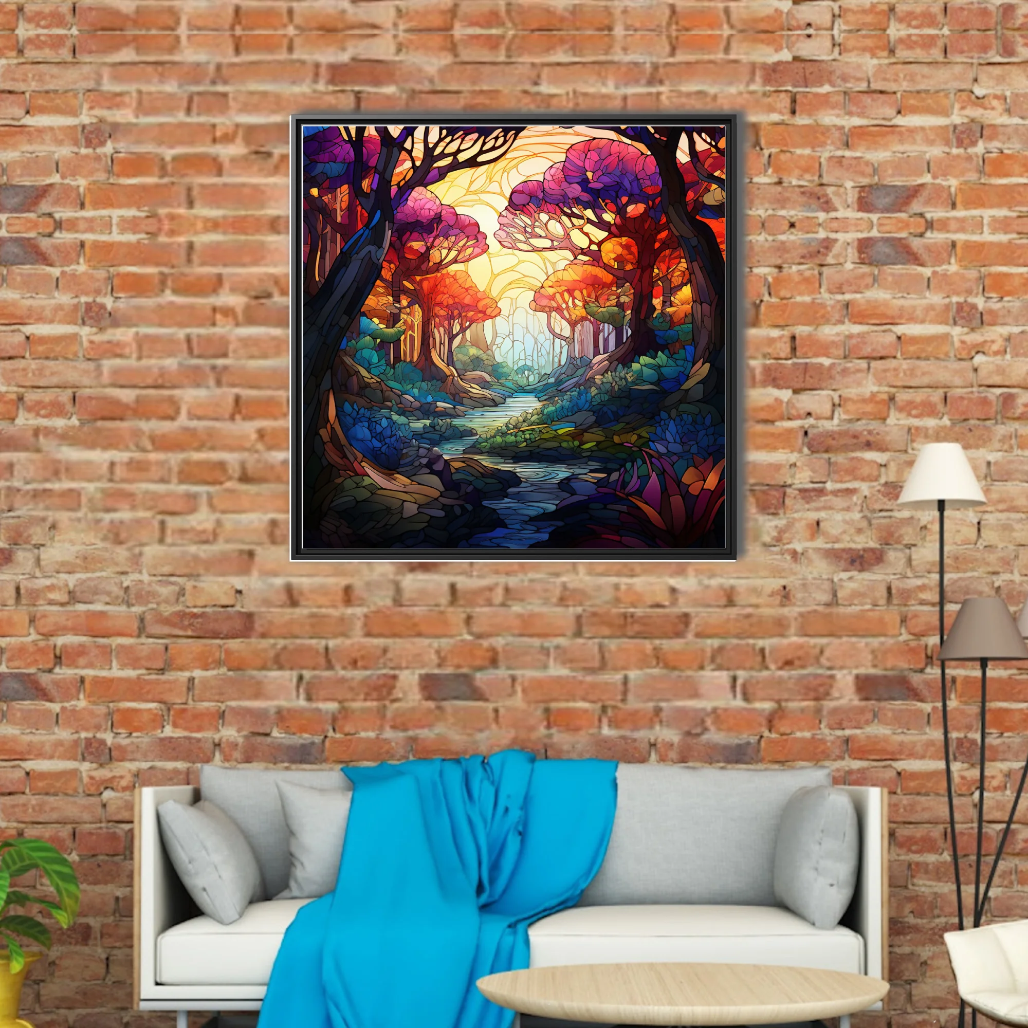 Stained glass fantasy forest with jewel-toned trees and glowing stream