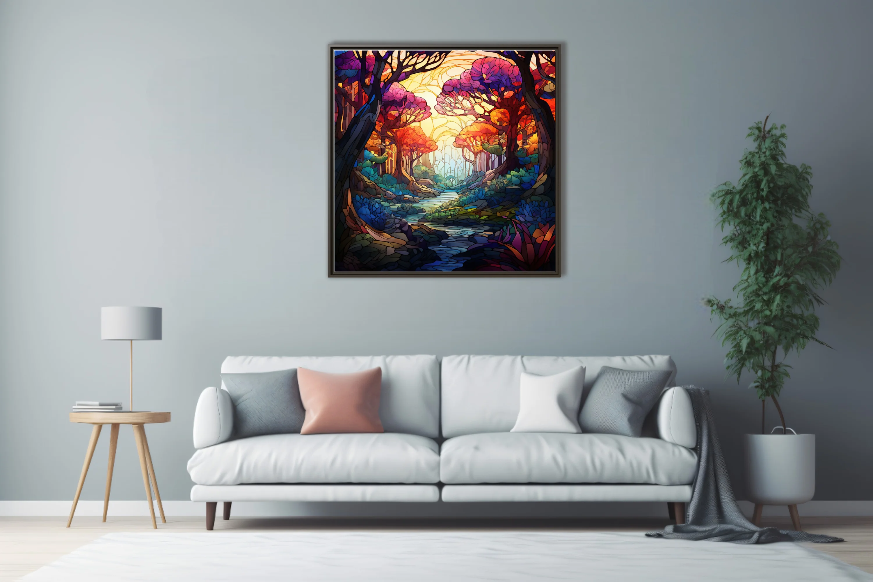 Stained glass fantasy forest with jewel-toned trees and glowing stream