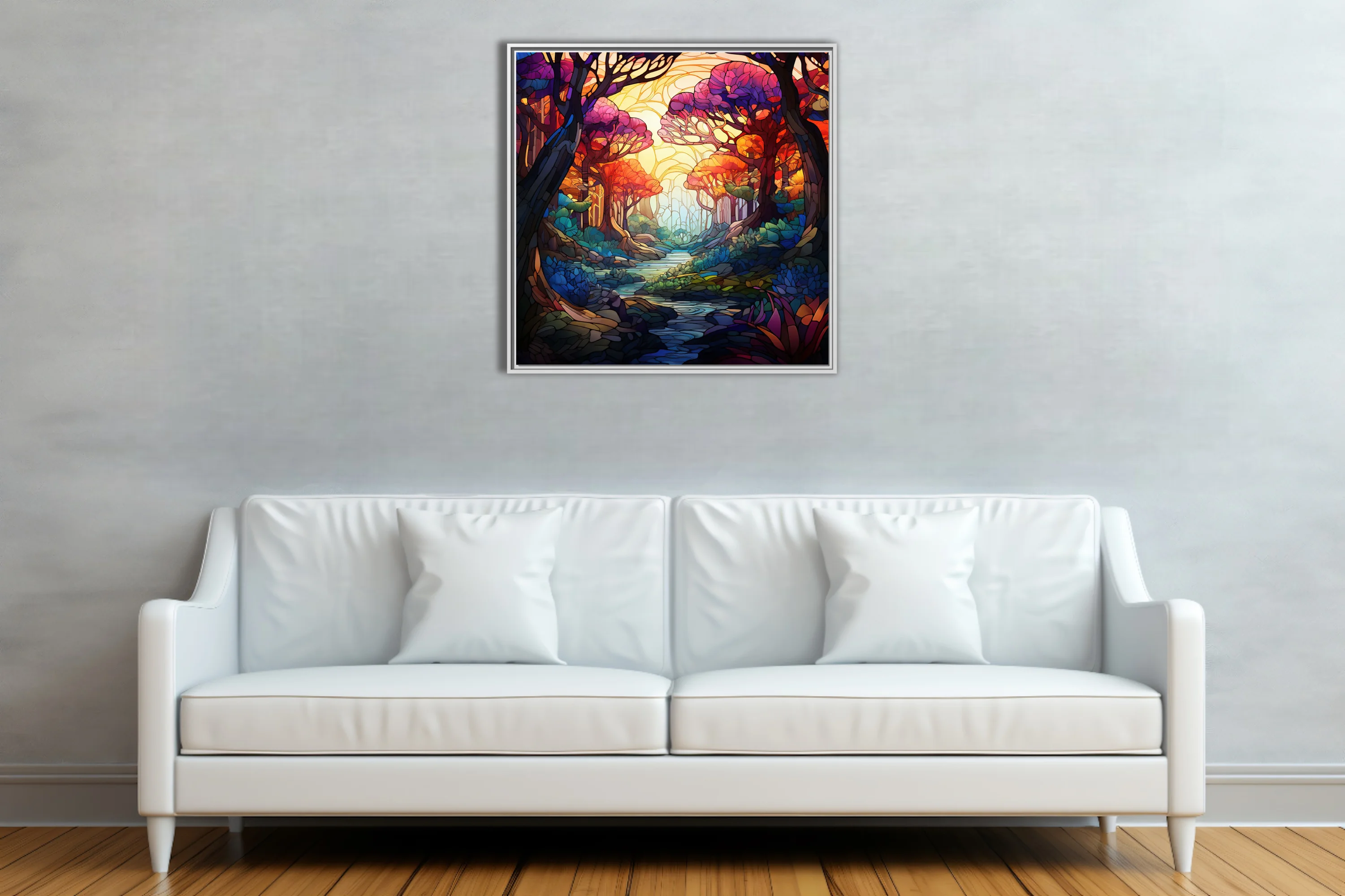 Stained glass fantasy forest with jewel-toned trees and glowing stream
