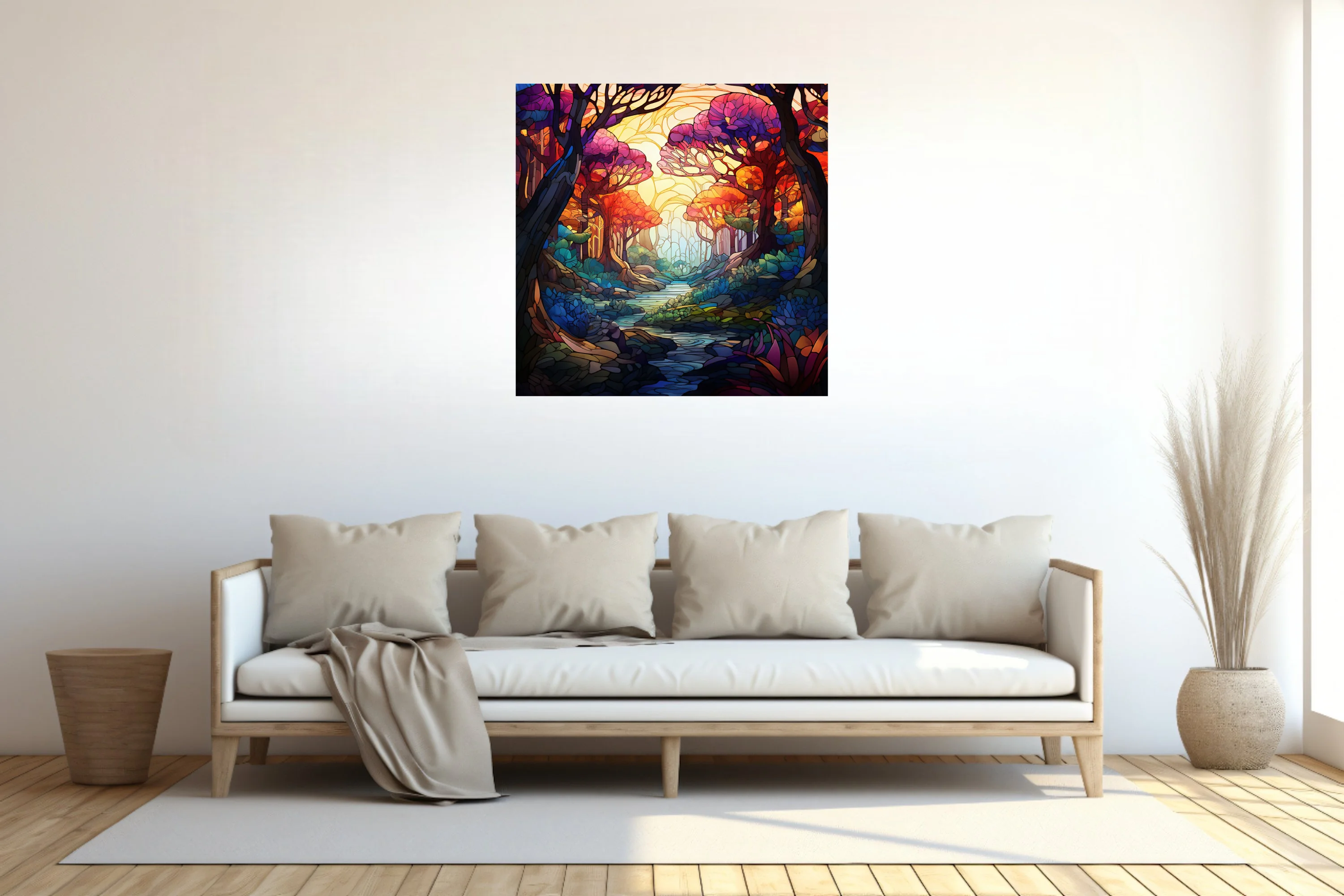 Stained glass fantasy forest with jewel-toned trees and glowing stream