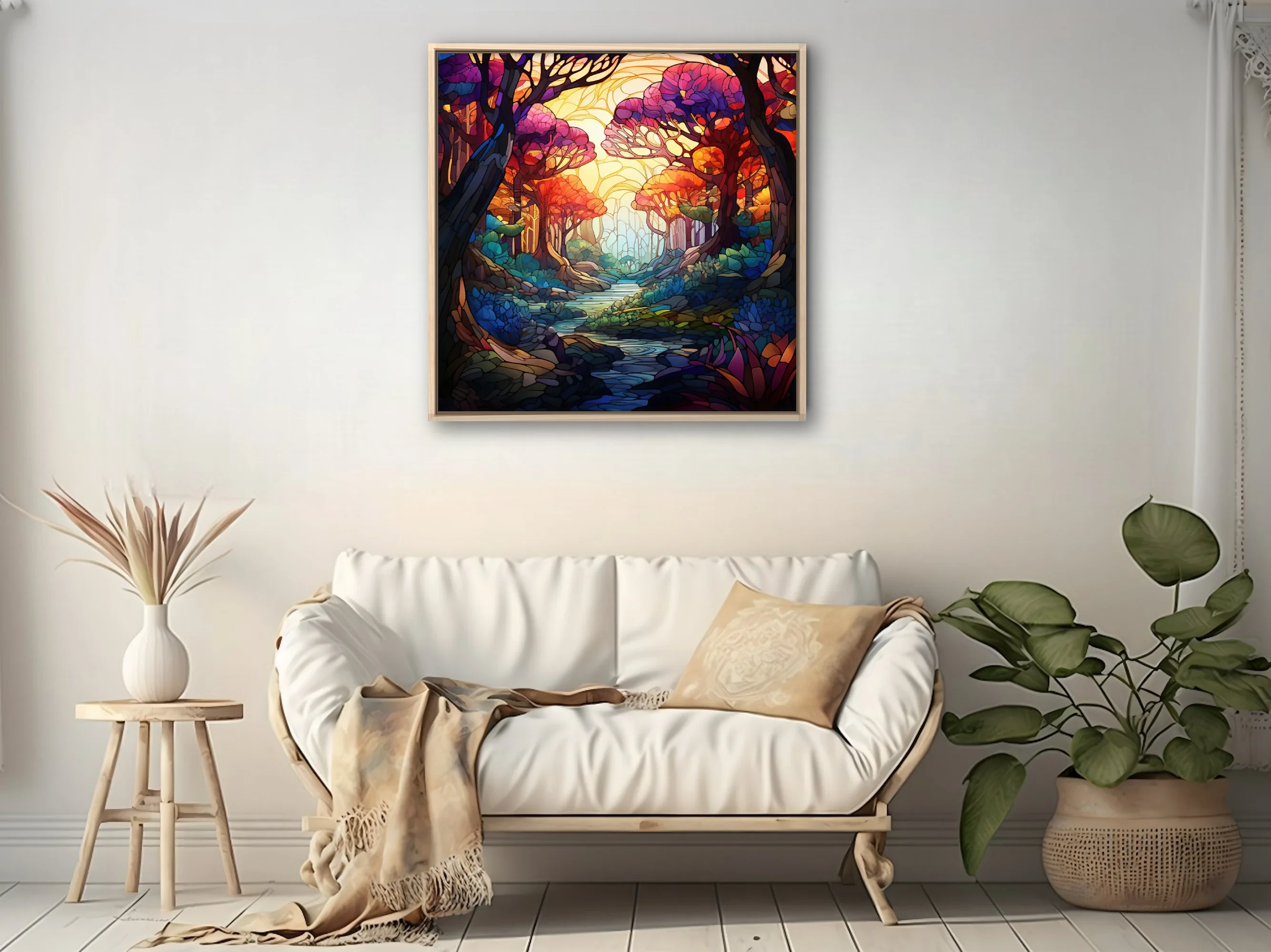 Stained glass fantasy forest with jewel-toned trees and glowing stream