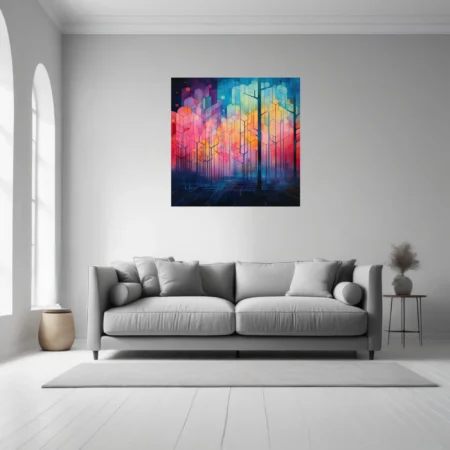 Abstract geometric forest in vivid coral, amber, teal and violet with circuit-like tree forms