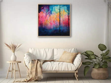Abstract geometric forest in vivid coral, amber, teal and violet with circuit-like tree forms