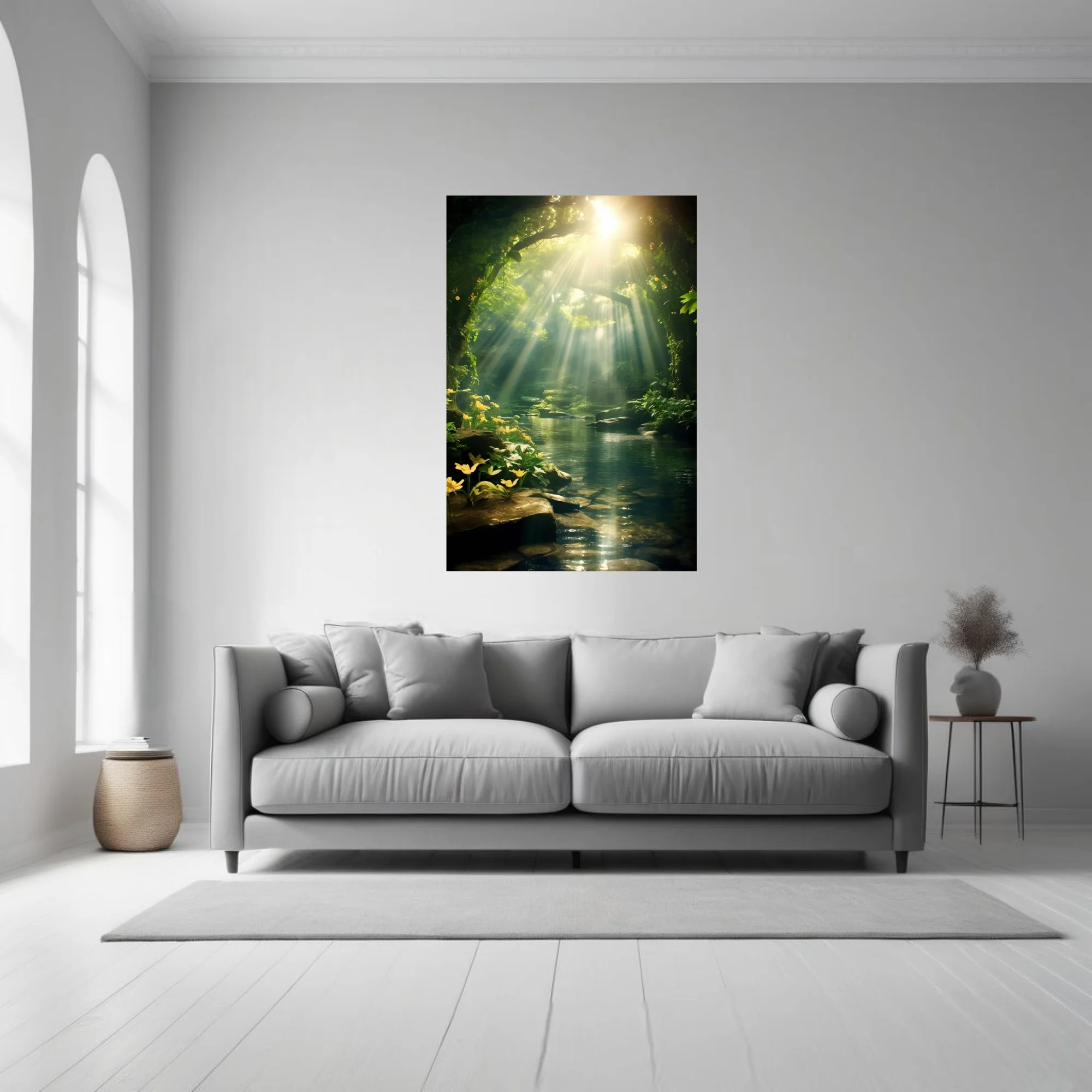 Cinematic fantasy forest with golden light rays over a tranquil woodland pool and yellow flowers