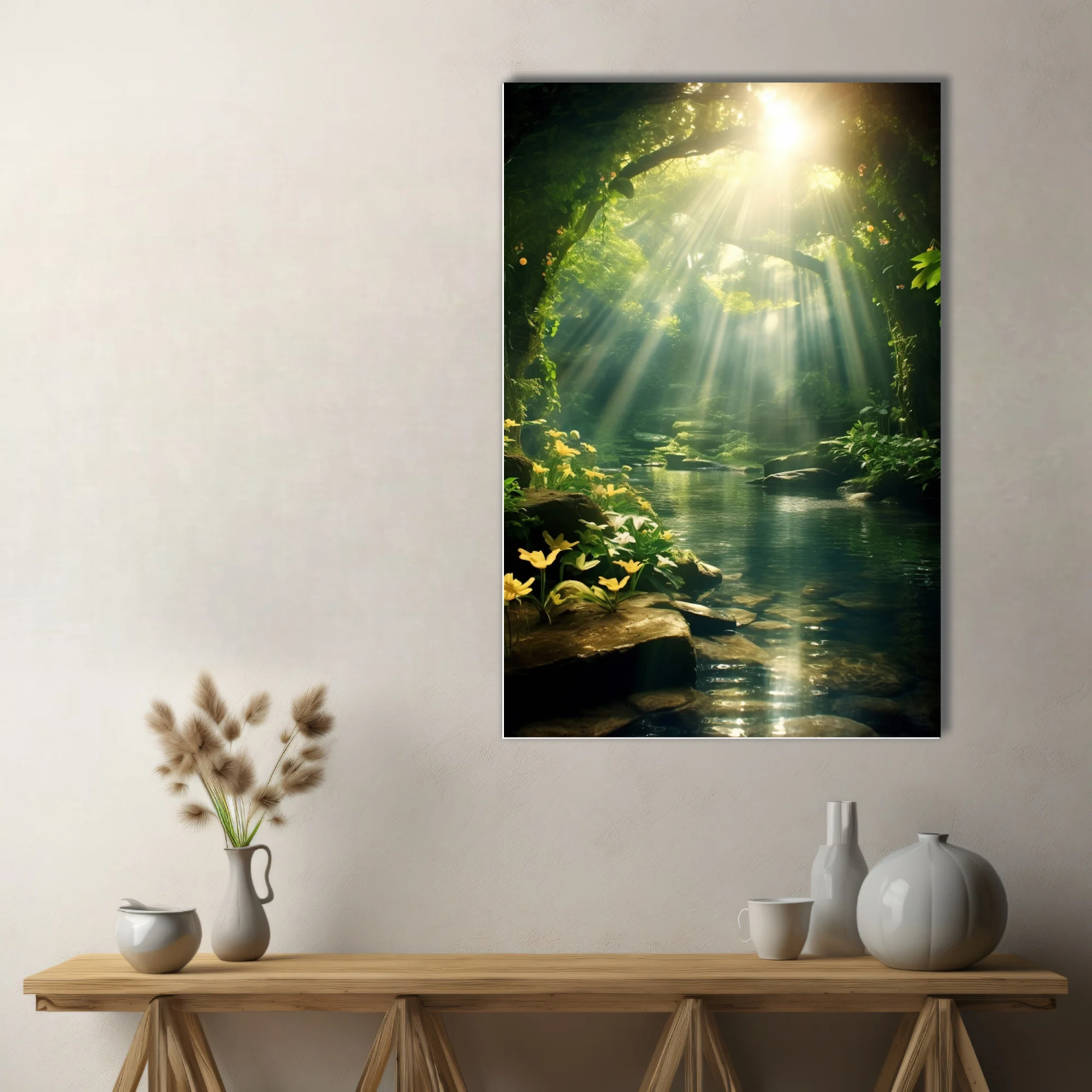 Cinematic fantasy forest with golden light rays over a tranquil woodland pool and yellow flowers