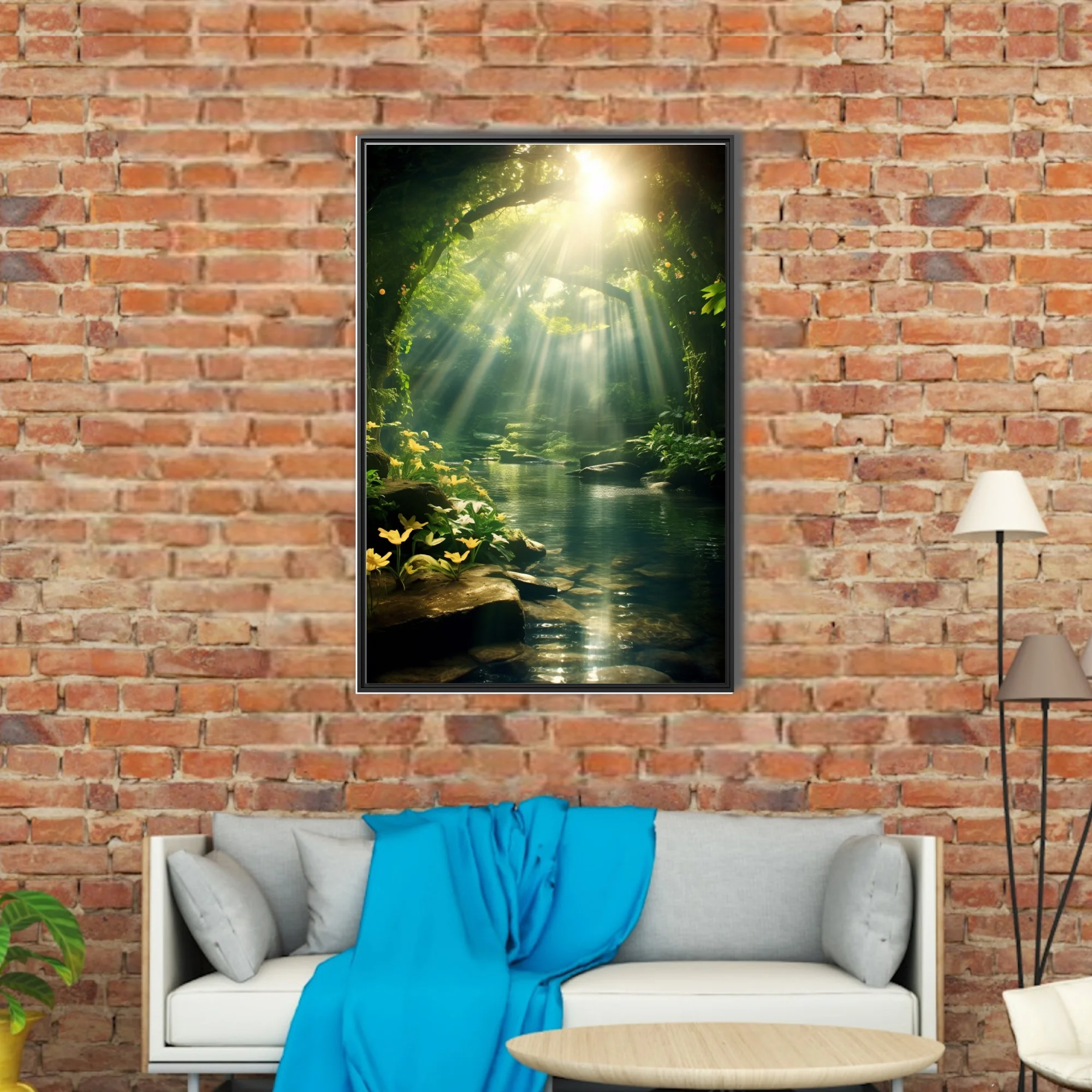 Cinematic fantasy forest with golden light rays over a tranquil woodland pool and yellow flowers