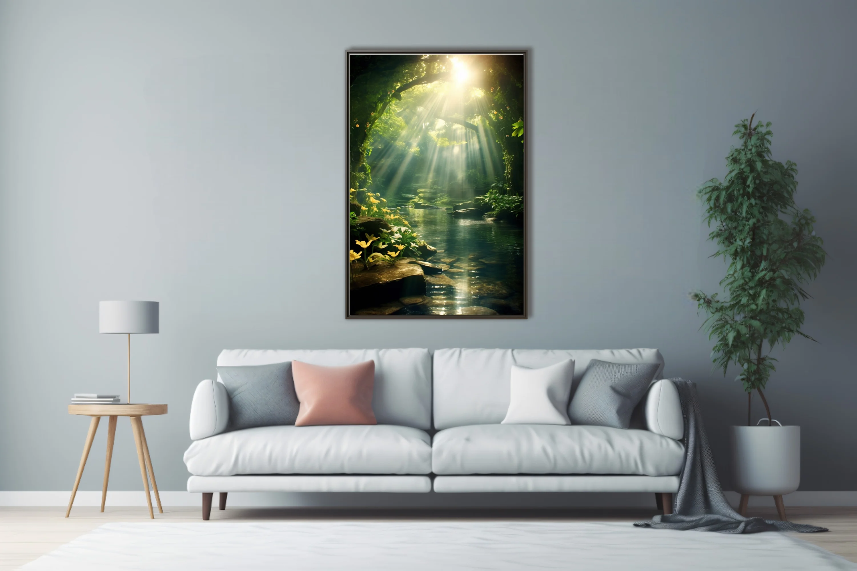 Cinematic fantasy forest with golden light rays over a tranquil woodland pool and yellow flowers