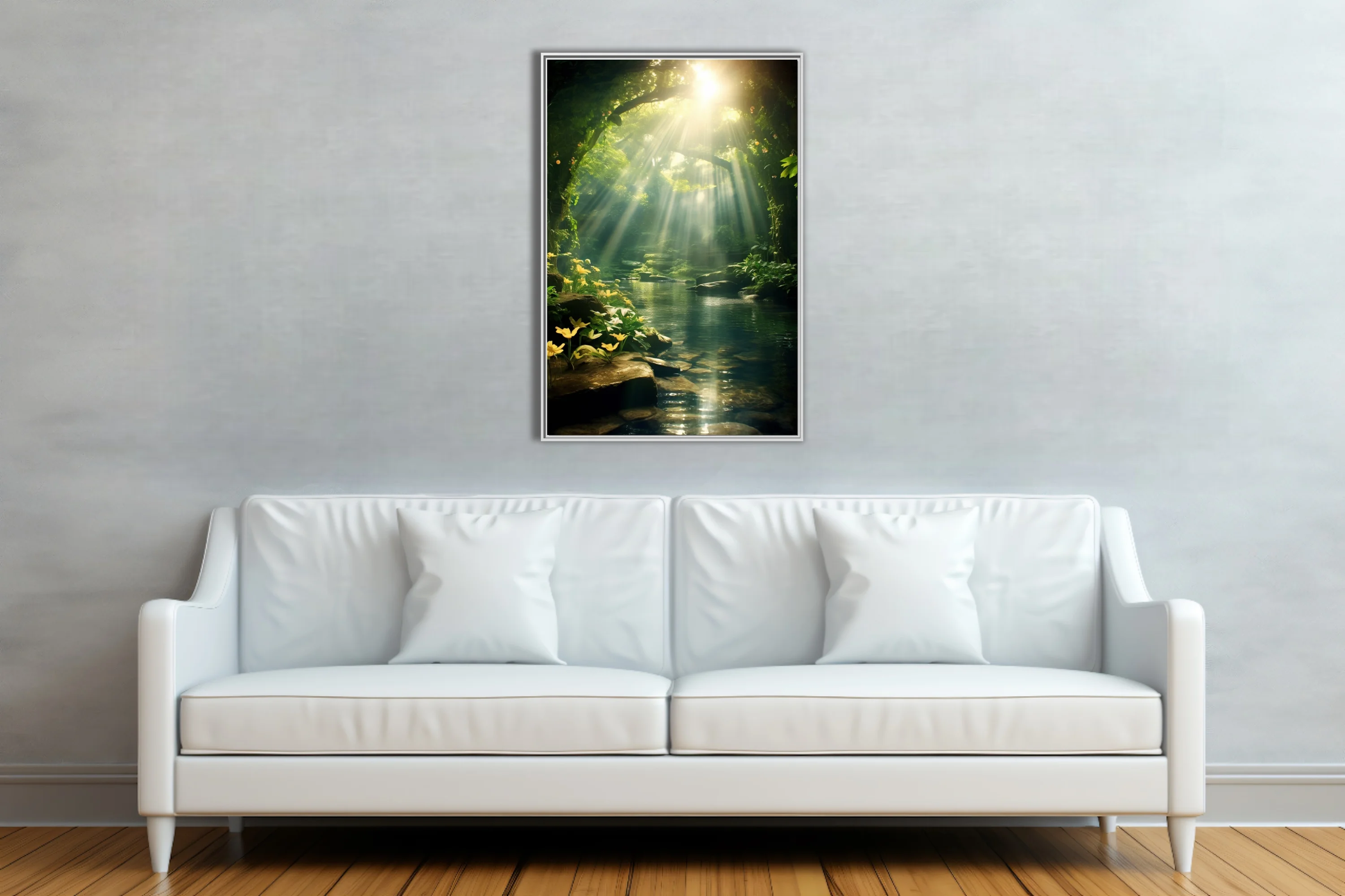 Cinematic fantasy forest with golden light rays over a tranquil woodland pool and yellow flowers