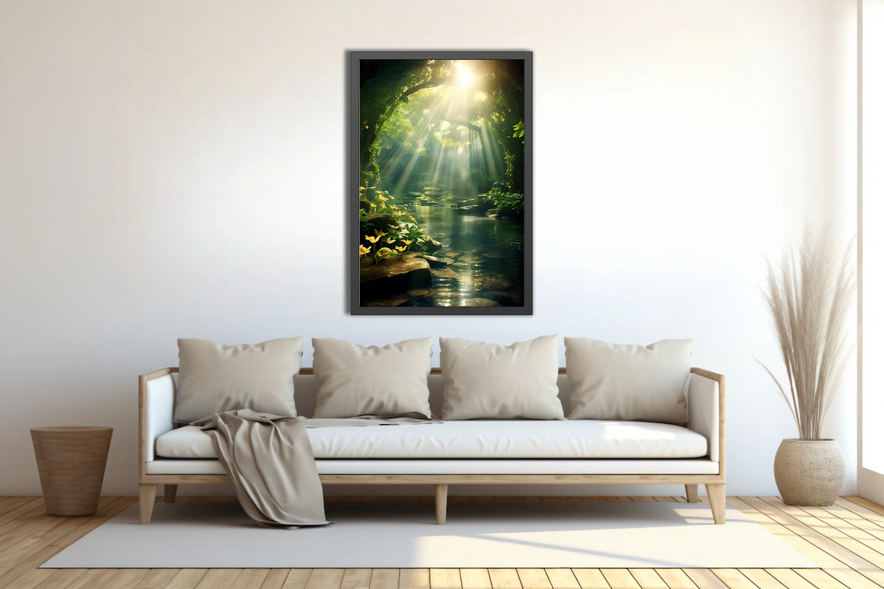 Cinematic fantasy forest with golden light rays over a tranquil woodland pool and yellow flowers
