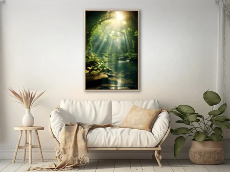Cinematic fantasy forest with golden light rays over a tranquil woodland pool and yellow flowers