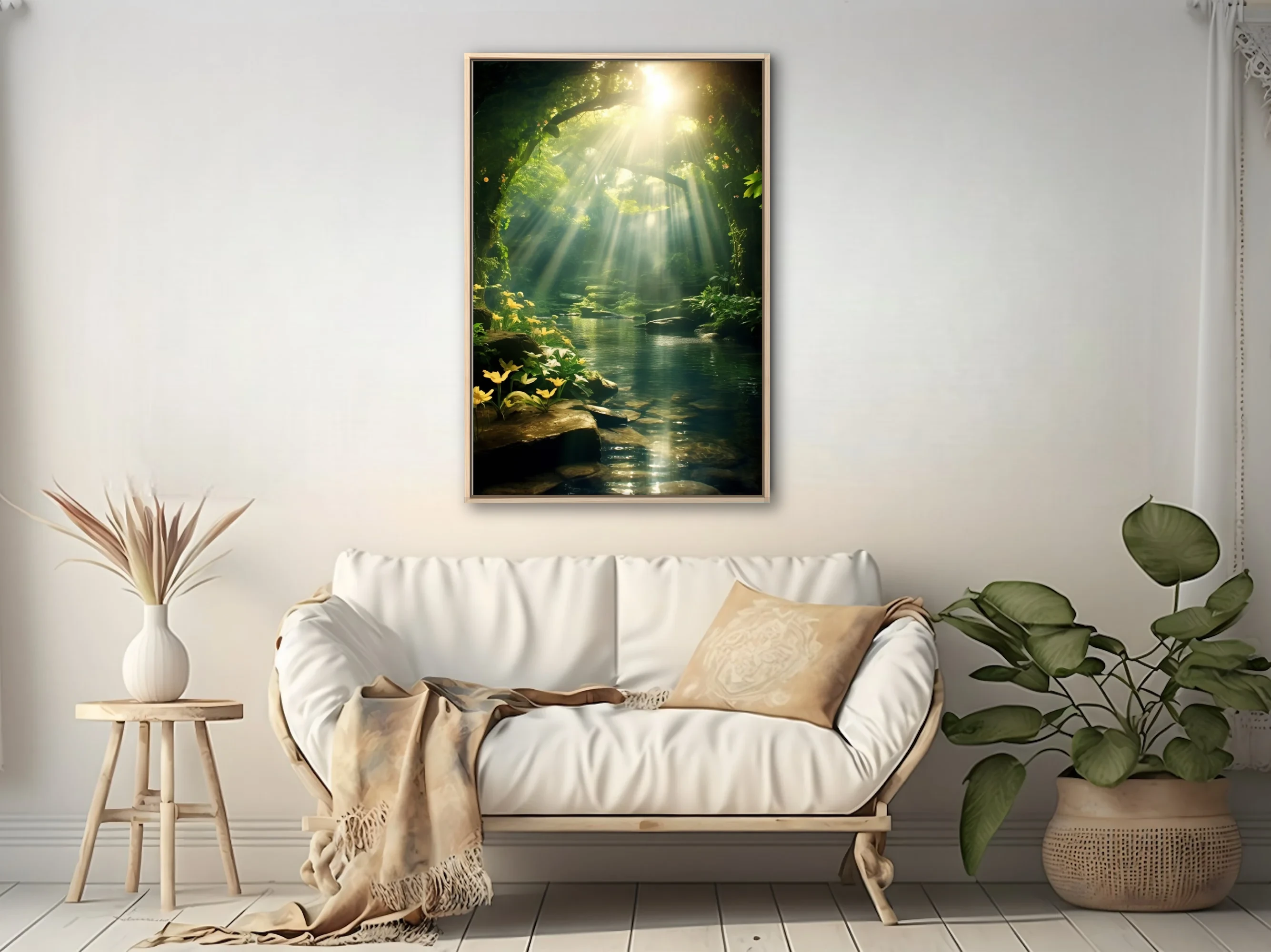 Cinematic fantasy forest with golden light rays over a tranquil woodland pool and yellow flowers