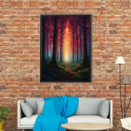Fantasy forest pathway with crimson canopy and glowing golden light, painterly style