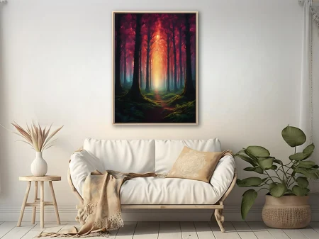 Fantasy forest pathway with crimson canopy and glowing golden light, painterly style