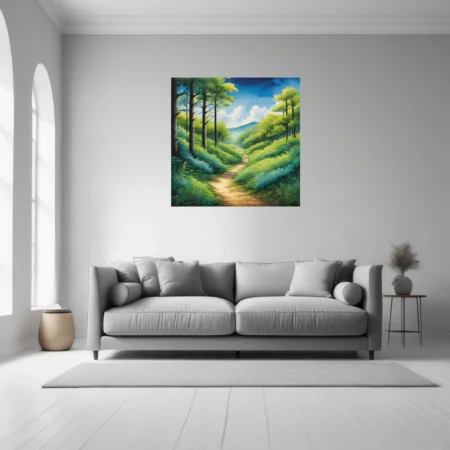 Stylized forest path with lush green foliage and dreamy watercolor-effect sky