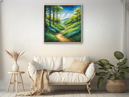 Stylized forest path with lush green foliage and dreamy watercolor-effect sky