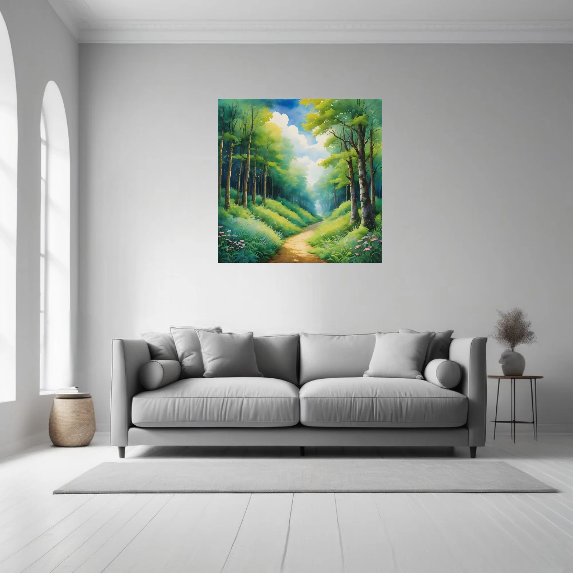 Watercolor-style forest path with lush green trees, wildflowers, and soft glowing sky