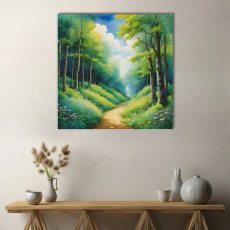 Watercolor-style forest path with lush green trees, wildflowers, and soft glowing sky